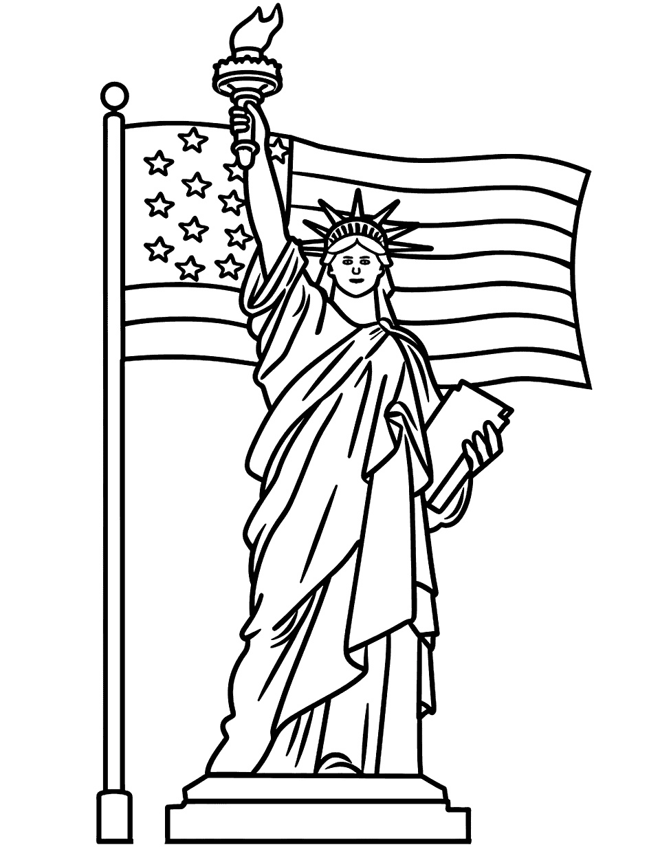 Statue of Liberty and Flag American Coloring Page - The Statue of Liberty holding the torch high with the American flag in the background.