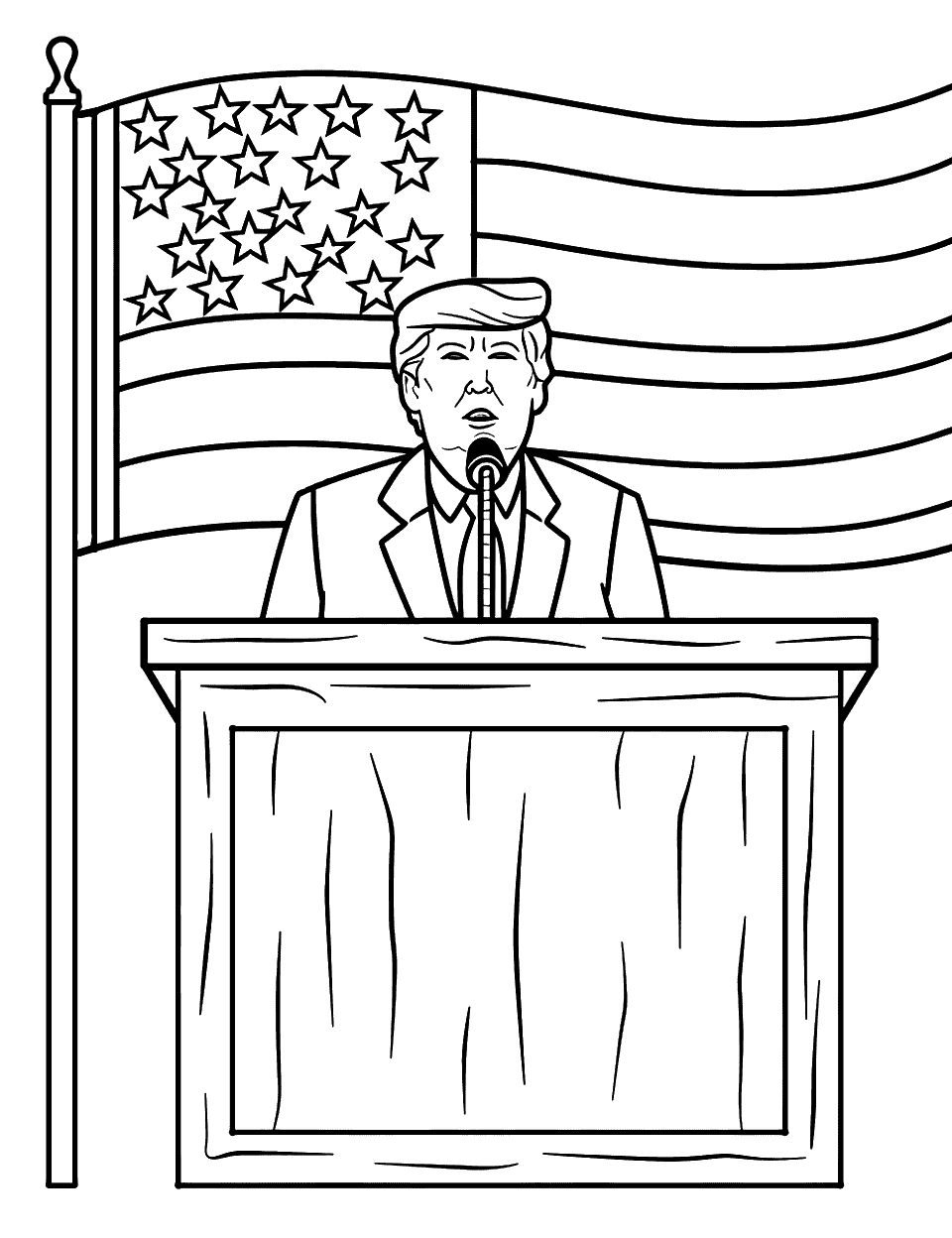 President Giving a Speech American Flag Coloring Page - A president standing at a podium with the American flag behind him.