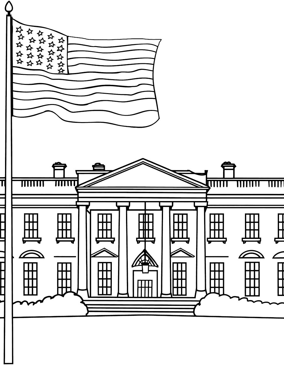 White House with Flag American Coloring Page - The White House with a large American flag flying in frontyard.