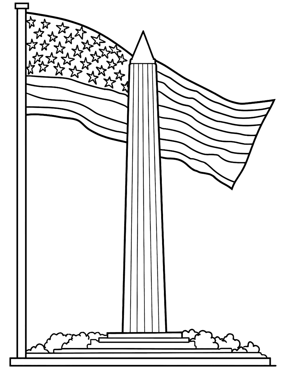 Washington Monument and Flag American Coloring Page - The Washington Monument with a American flag behind it.
