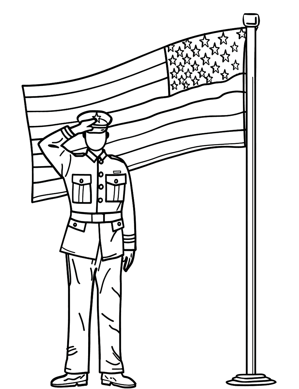 US Military Salute American Flag Coloring Page - Soldier in uniform saluting the American flag during a ceremony.
