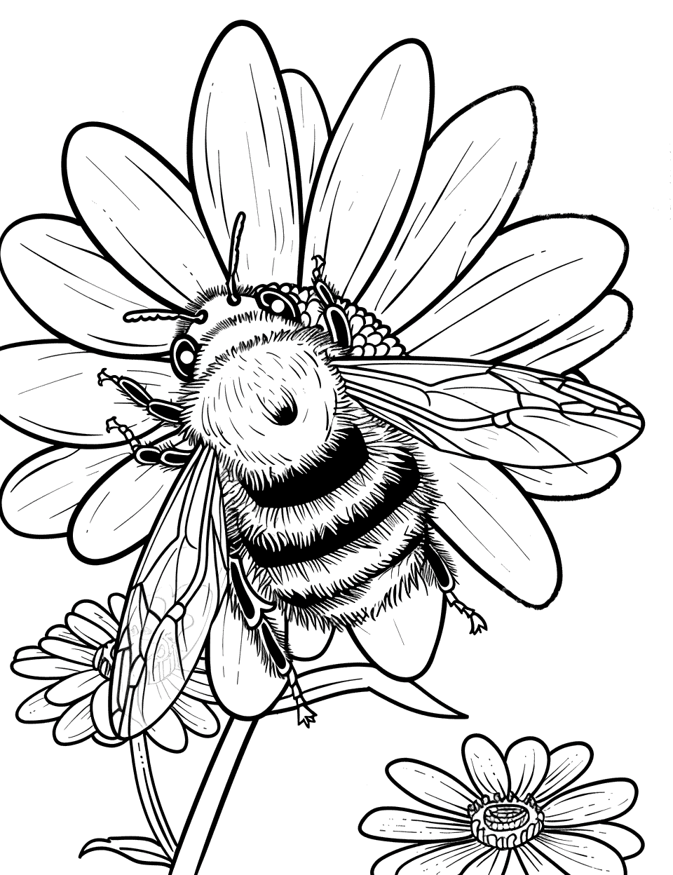 Bumble Bee on a Daisy Coloring Page - A bumble bee landing on the bright petals of a daisy in a garden.