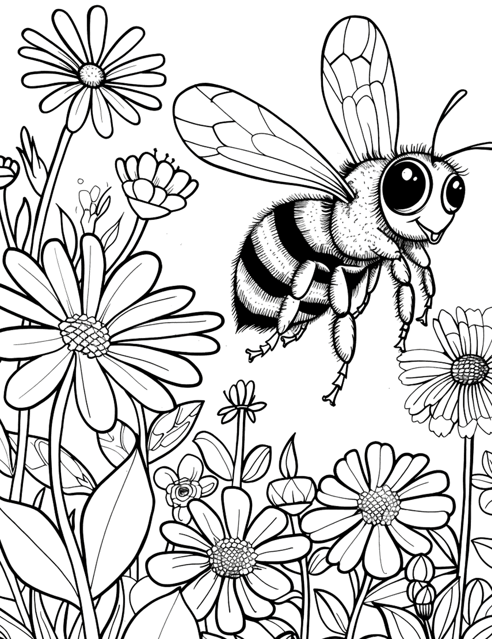 Busy Bee Over Garden Coloring Page - A bee flying over a garden filled with a variety of flowers.