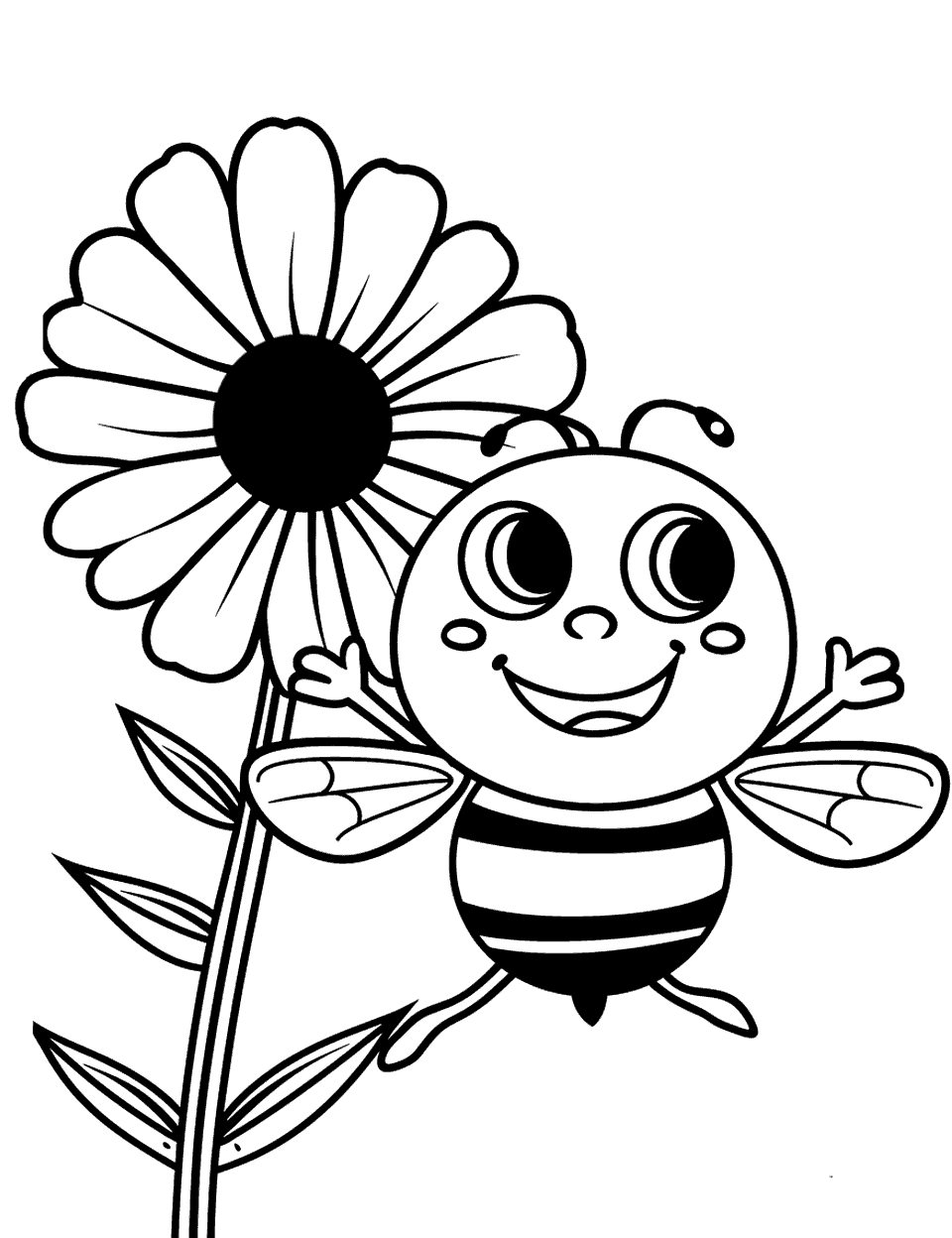 Kawaii Bee and Flower Coloring Page - A cute, stylized (kawaii) bee hovering near a big flower.