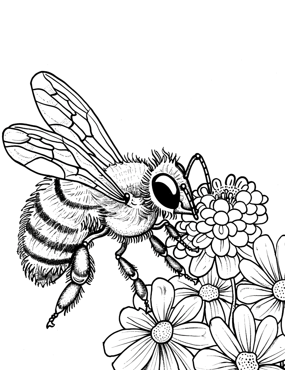 Bee Collecting Nectar Coloring Page - A detailed scene of a bee collecting nectar from a flower.