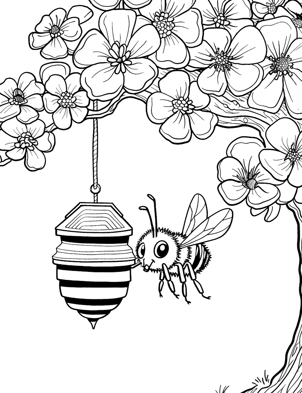 Bee and Beehive Under Tree Coloring Page - A beehive hanging from a tree branch with a bee flying nearby.