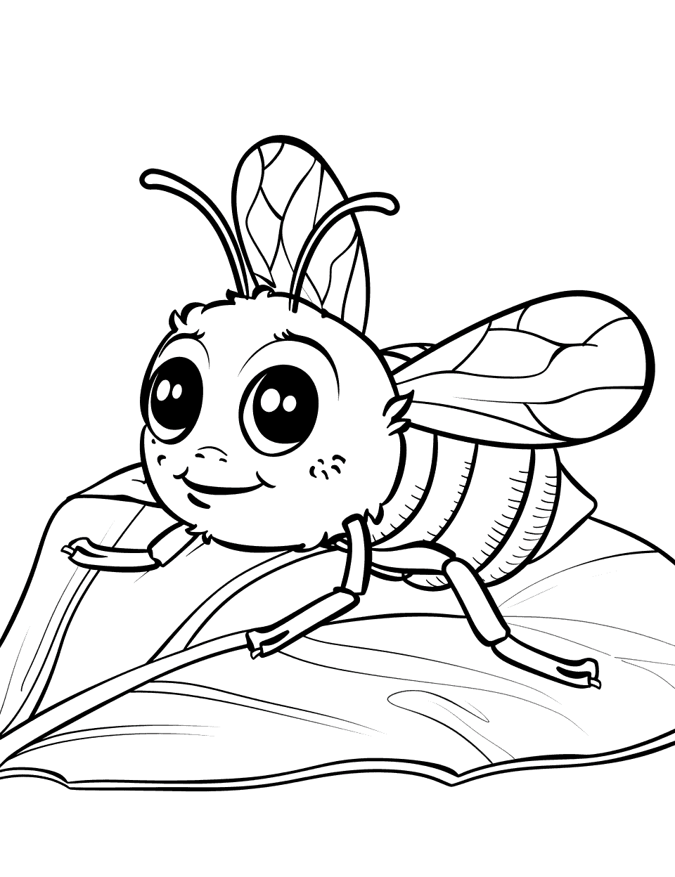 Stingless Bee on a Leaf Coloring Page - A stingless bee resting on a leaf, with a soft smile on its face.