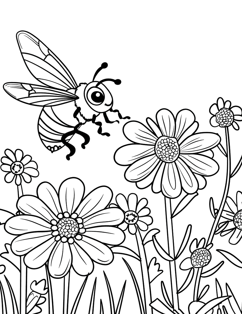 Bee Flying Among Flowers Coloring Page - A scene of a bee flying happily among various flowers in a garden.