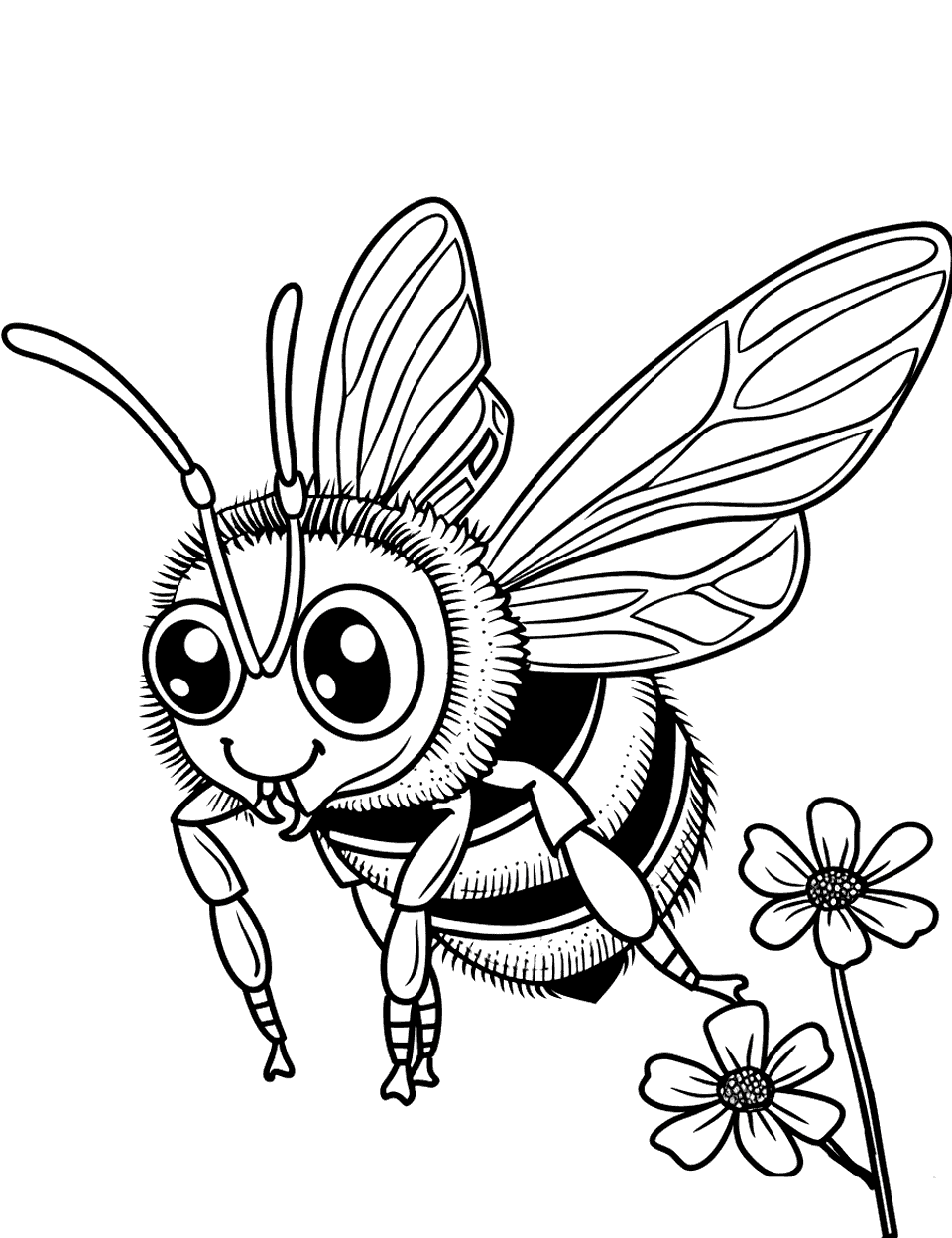 Honey Bee Returning to Hive Coloring Page - A honey bee flying back to its hive with legs full of pollen.