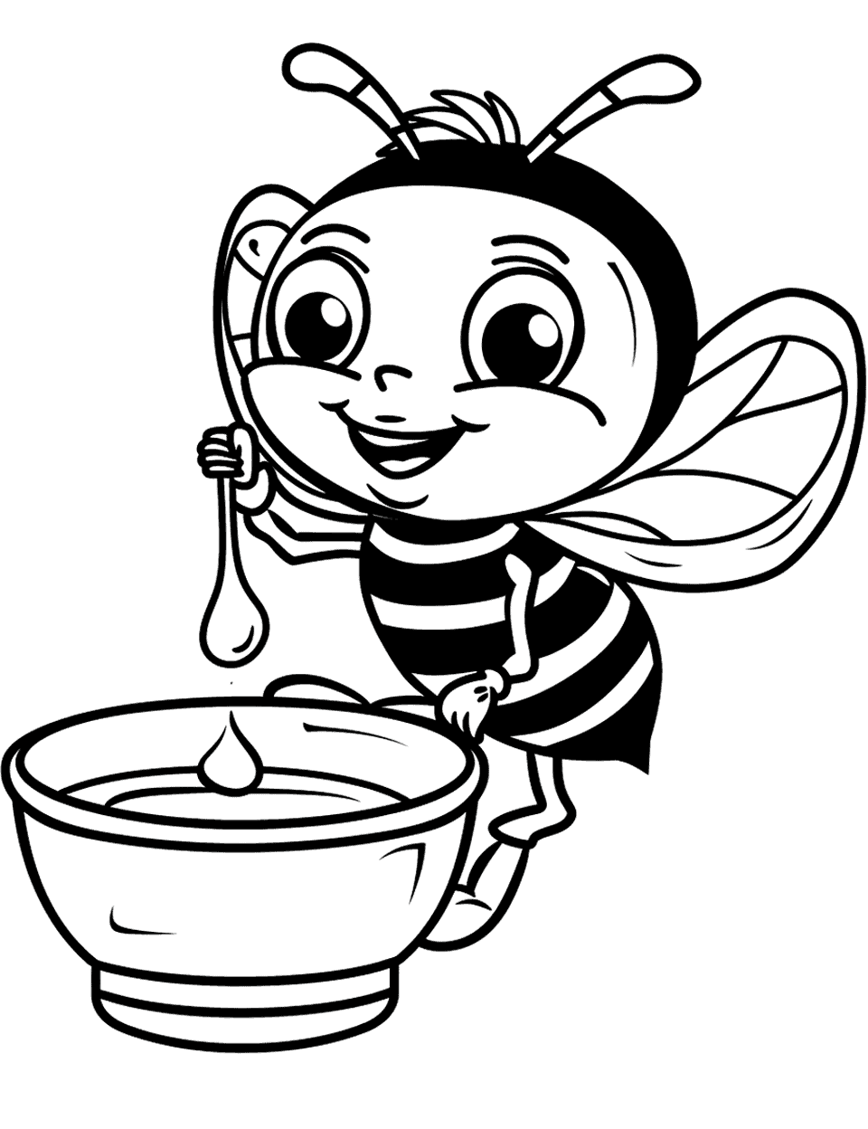Cartoon Bee and Honey Pot Coloring Page - A cartoonish bee happily dipping into a large pot of honey.