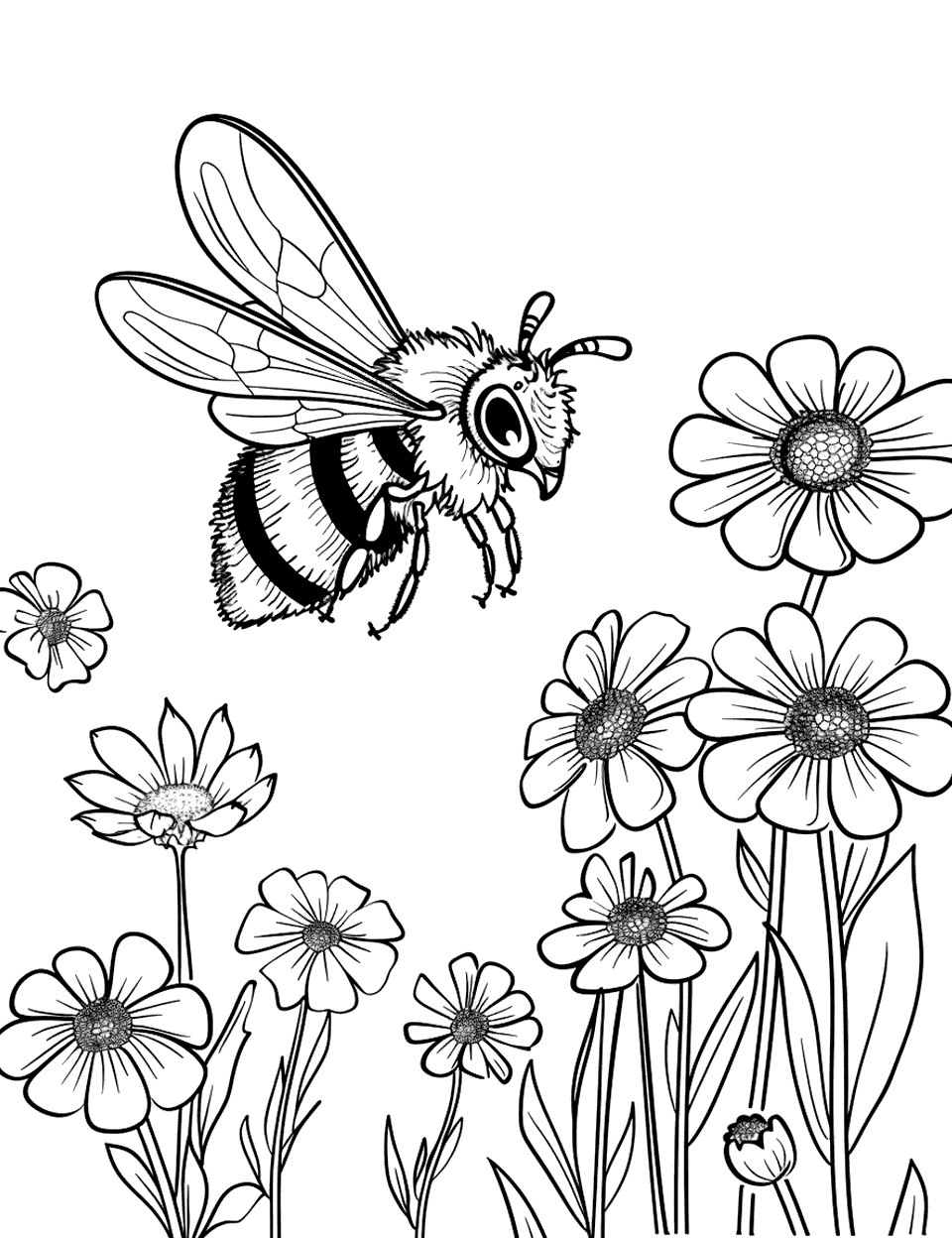 Bee in a Field of Wildflowers Coloring Page - A realistic depiction of a bee flying low over a field of wildflowers.