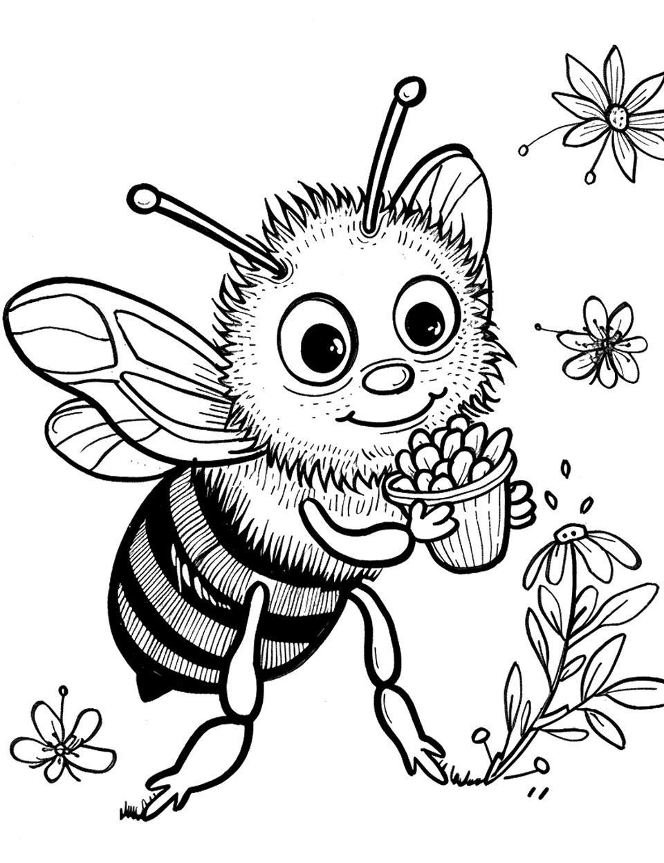 Happy Bee with Pollen Baskets Coloring Page - A joyful bee with its pollen baskets full, ready to head home.