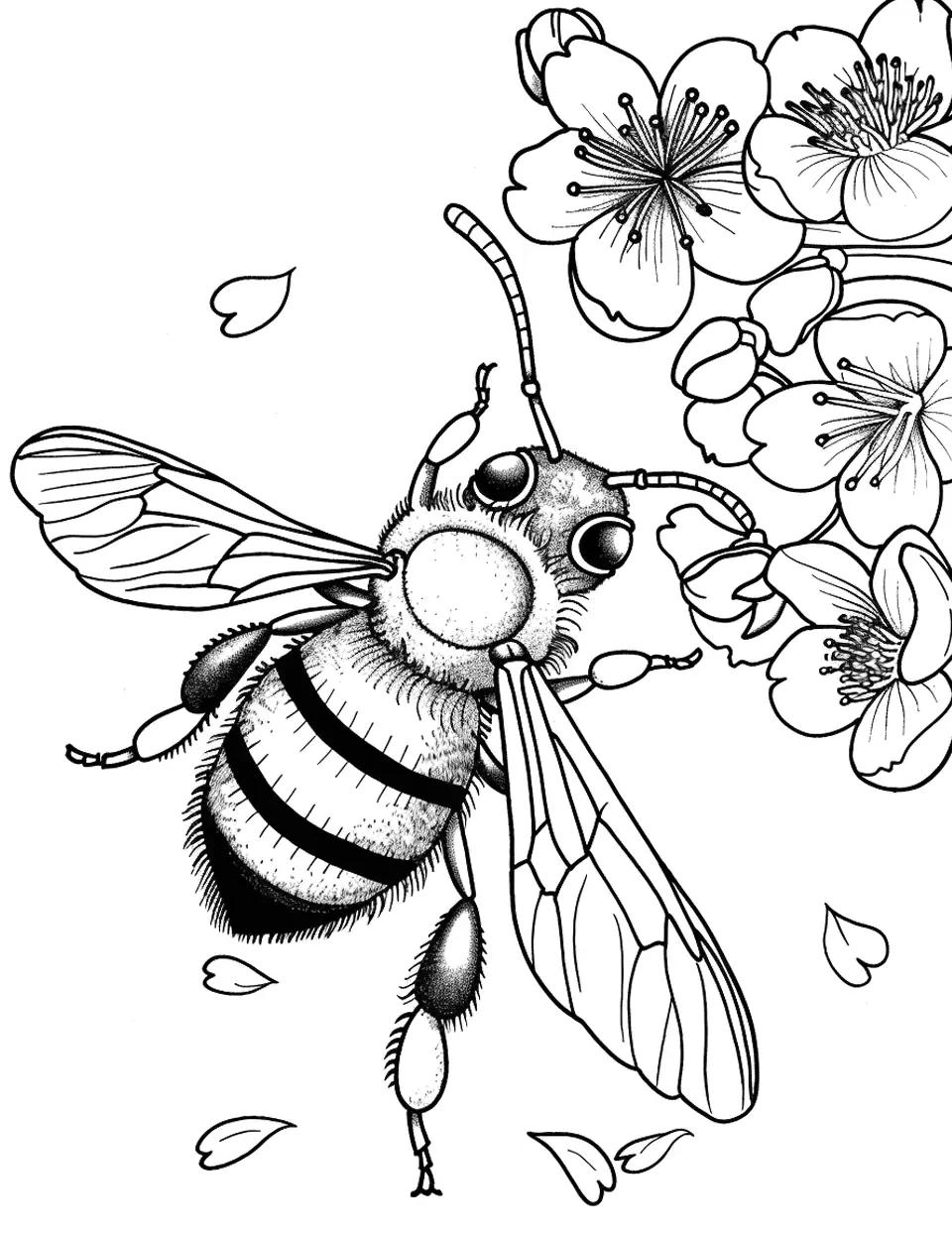 Bee on a Cherry Blossom Coloring Page - A bee visiting a cherry blossom, with soft petals surrounding it.