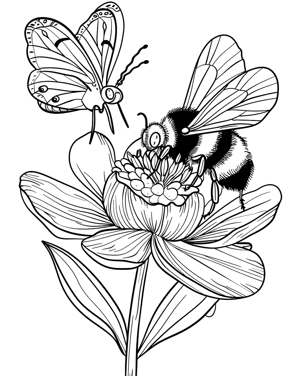Bee and Butterfly on a Flower Coloring Page - A bee and a butterfly sharing a large flower (focus on the bee).