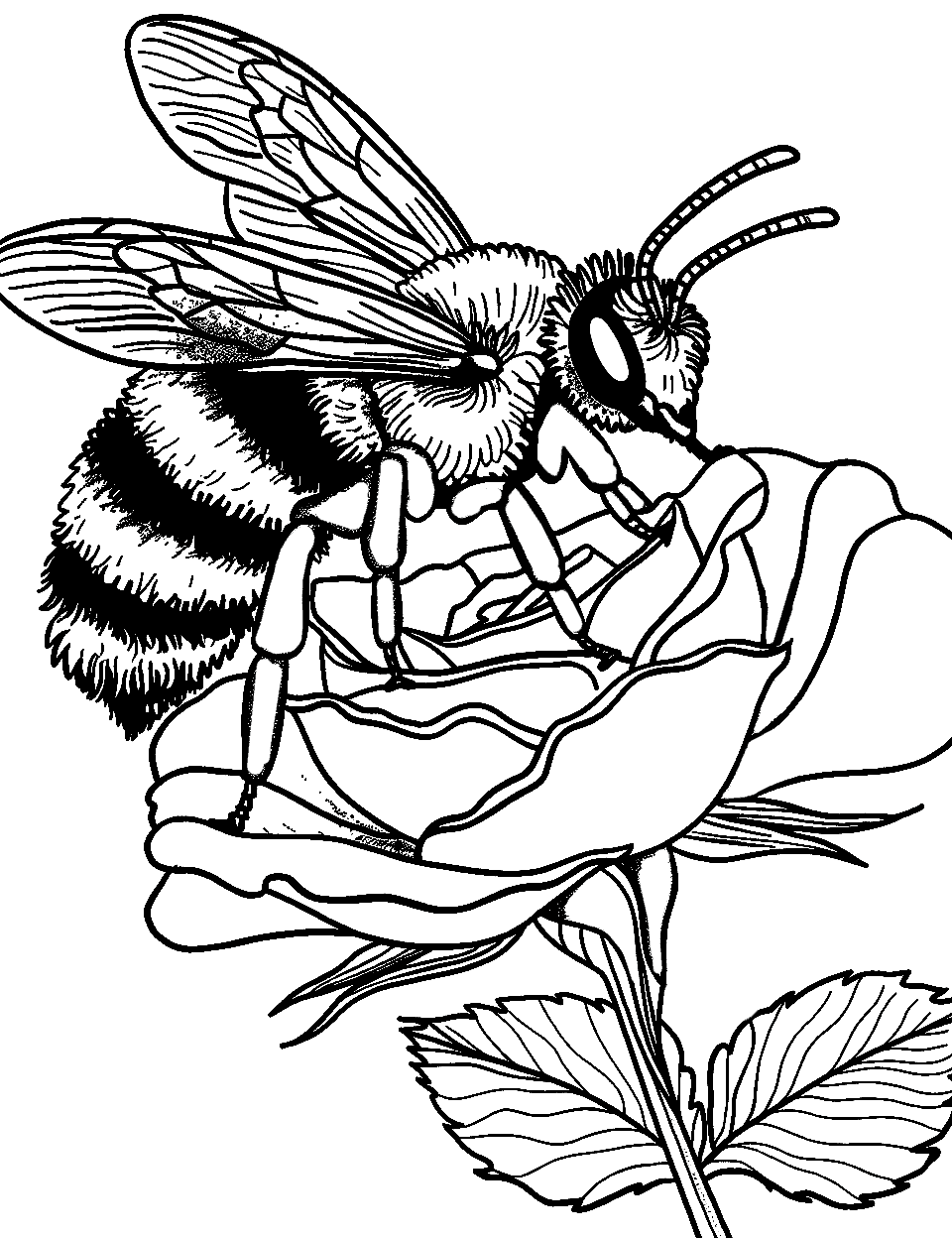 Garden Bee on a Rose Coloring Page - A detailed scene of a bee delicately landing on the petal of a rose.