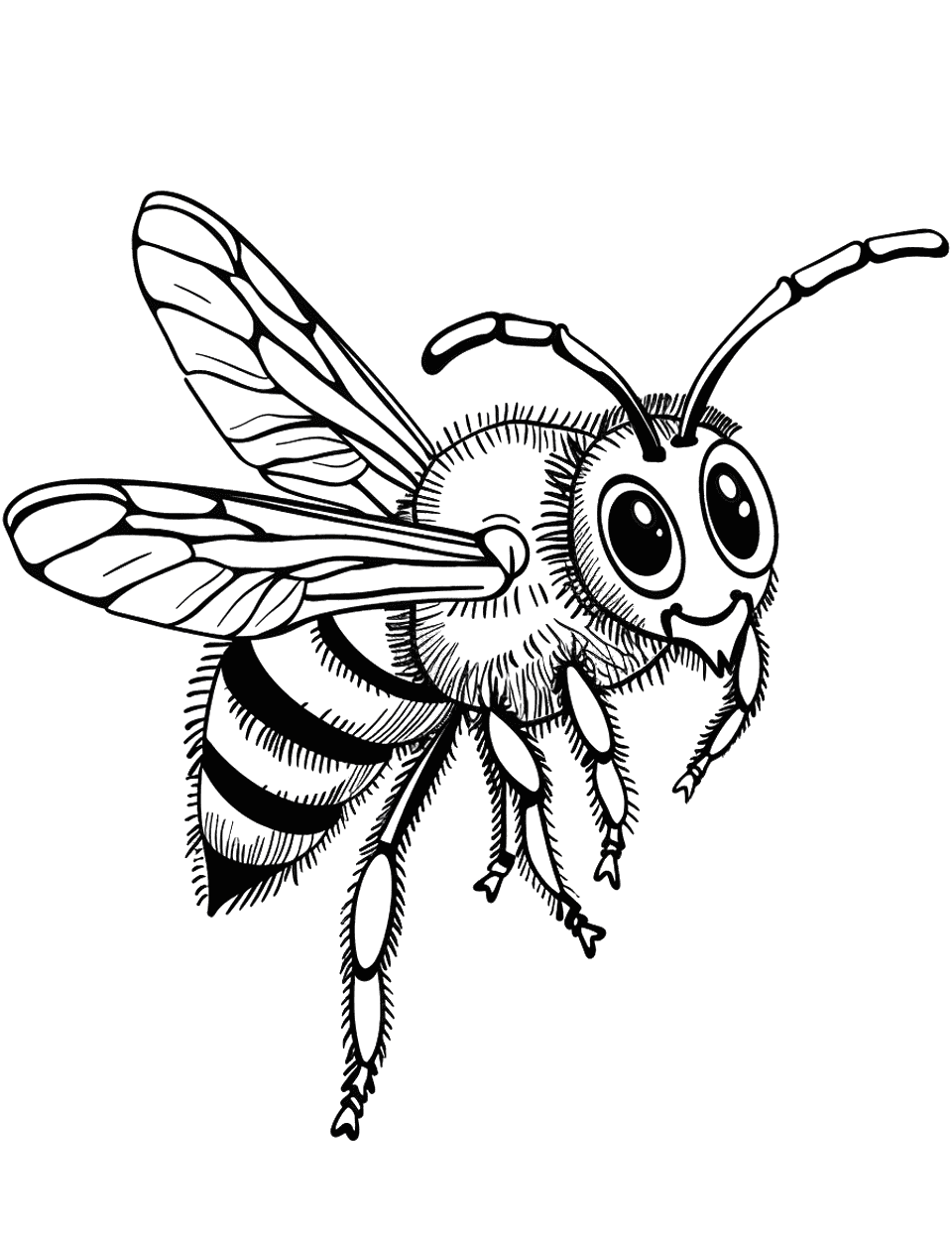First Flight Bee Coloring Page - A young bee experiencing its first flight, with a look of determination and wonder.