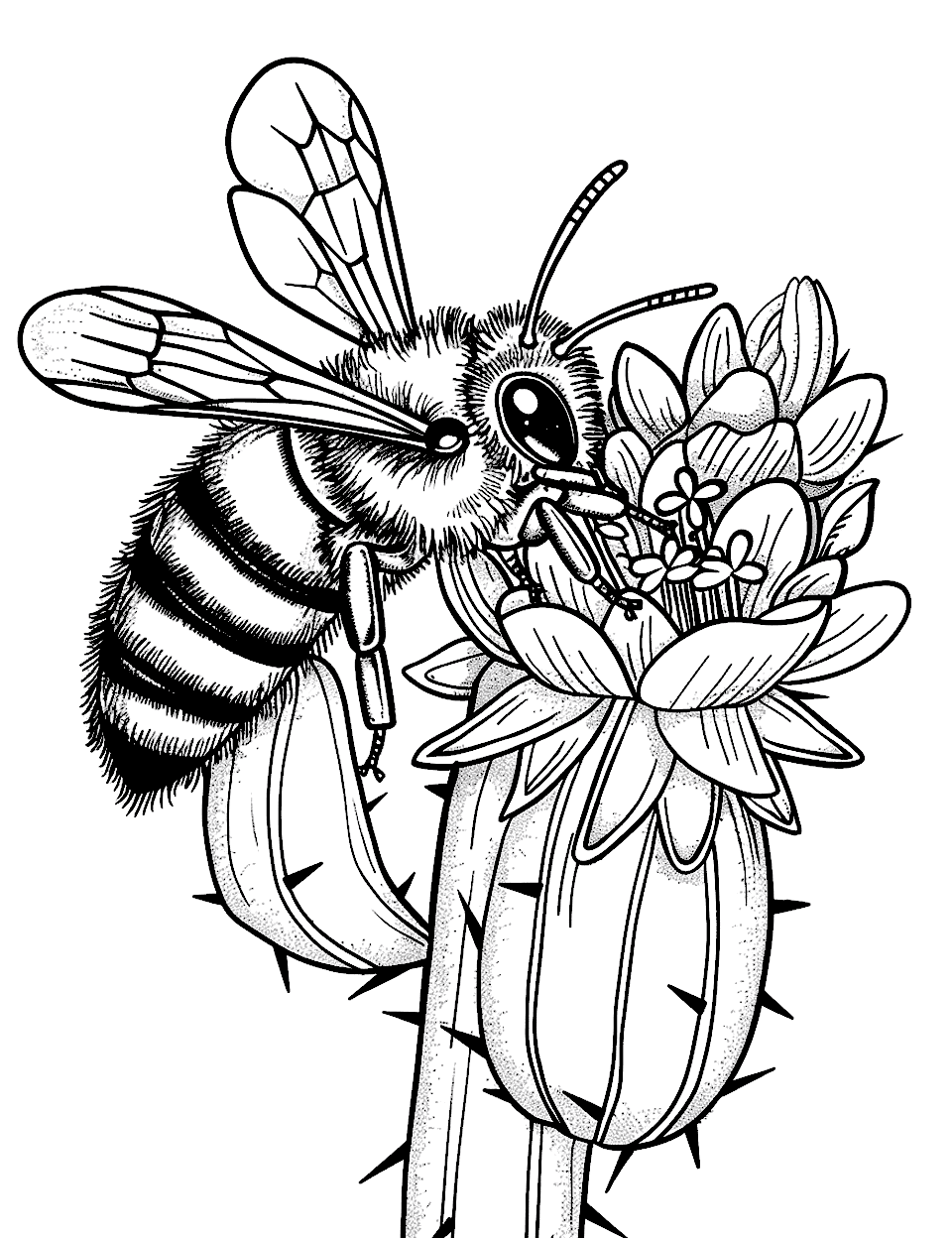 Honey Bee and Cactus Flower Coloring Page - A bee navigating the spines of a cactus to reach its vibrant flower.