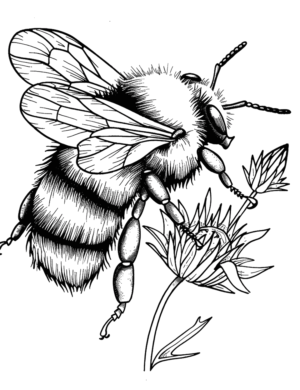 Fuzzy Bumble Bee on a Thistle Coloring Page - A fuzzy bumble bee clinging to the spiky bloom of a thistle.