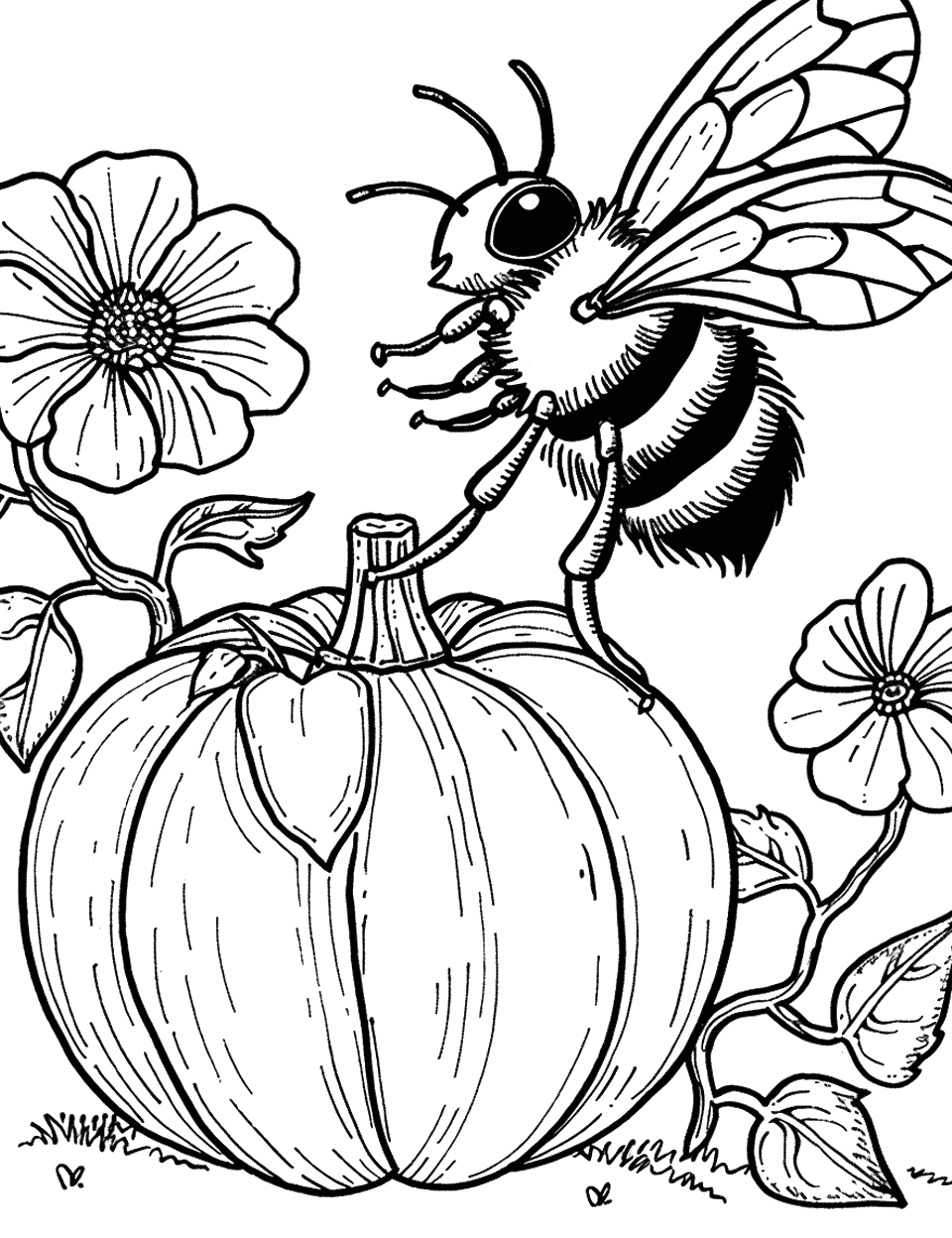 Bee and Pumpkin Blossom Coloring Page - A bee investigating the large flower of a pumpkin.
