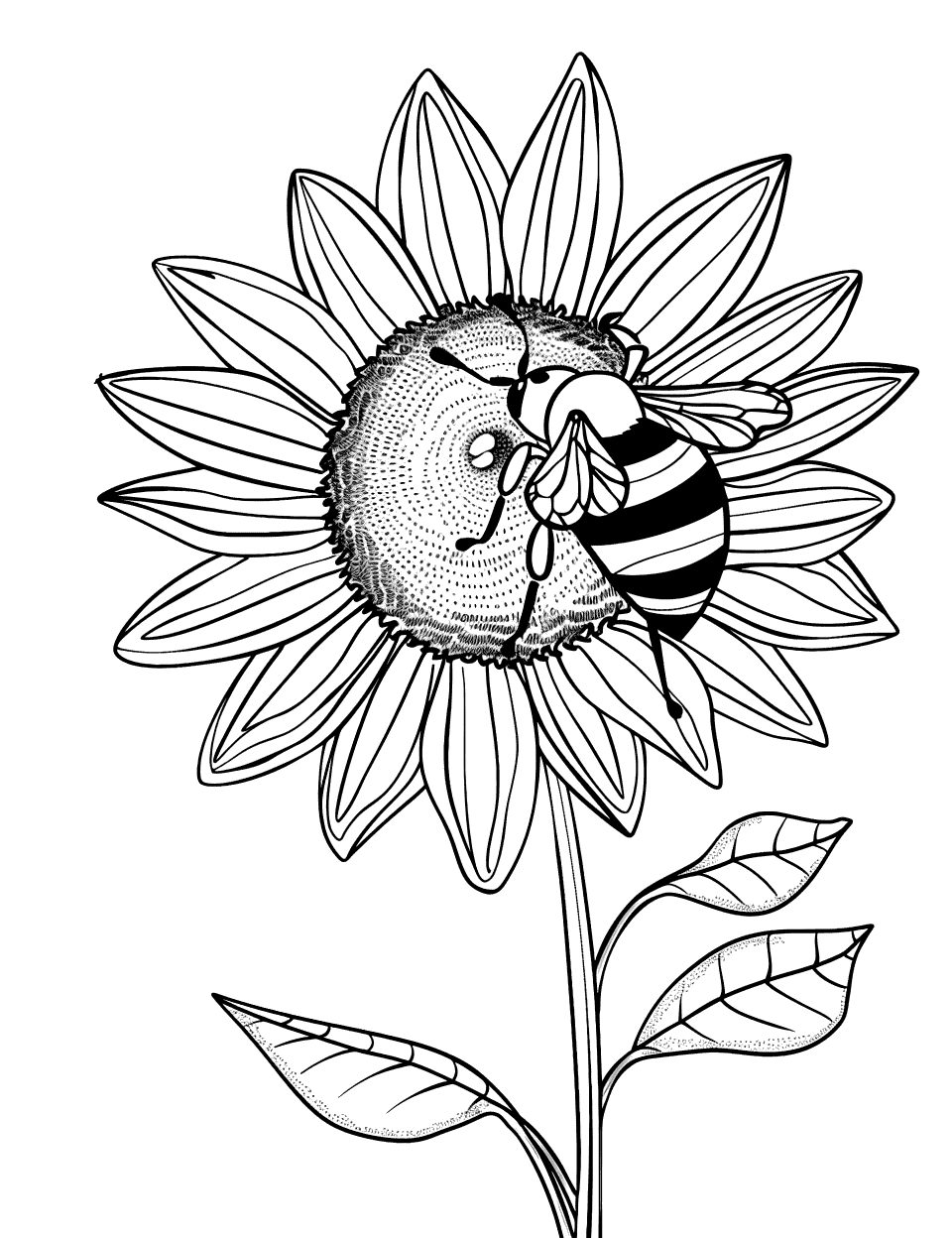 Bee on a Sunflower Coloring Page - A bee collecting nectar from a large vibrant sunflower.