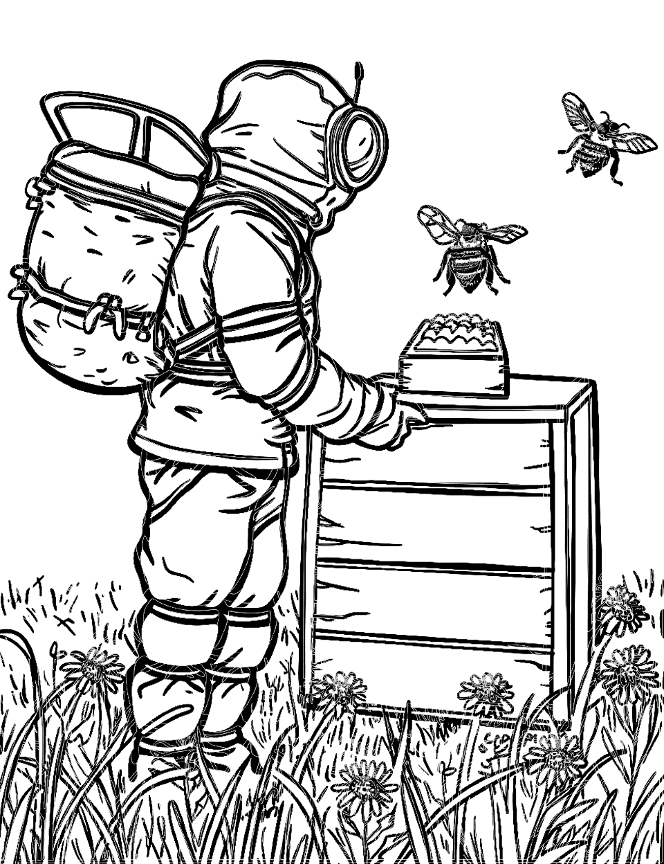 Beekeeper at Work Bee Coloring Page - A beekeeper in protective gear tending to beehives in a field.
