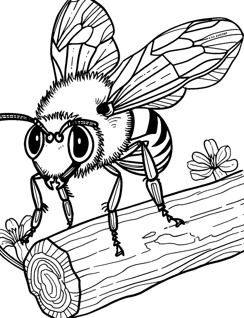 Carpenter Bee Drilling Wood Coloring Page - A carpenter bee ready to drill into a piece of wood.