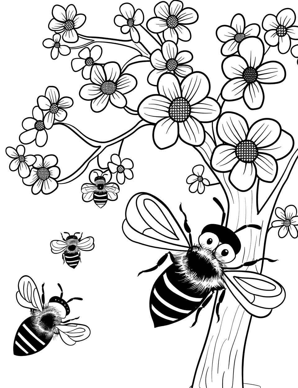 Spring Bees and Blossoms Bee Coloring Page - Multiple bees buzzing around spring blossoms on a tree.
