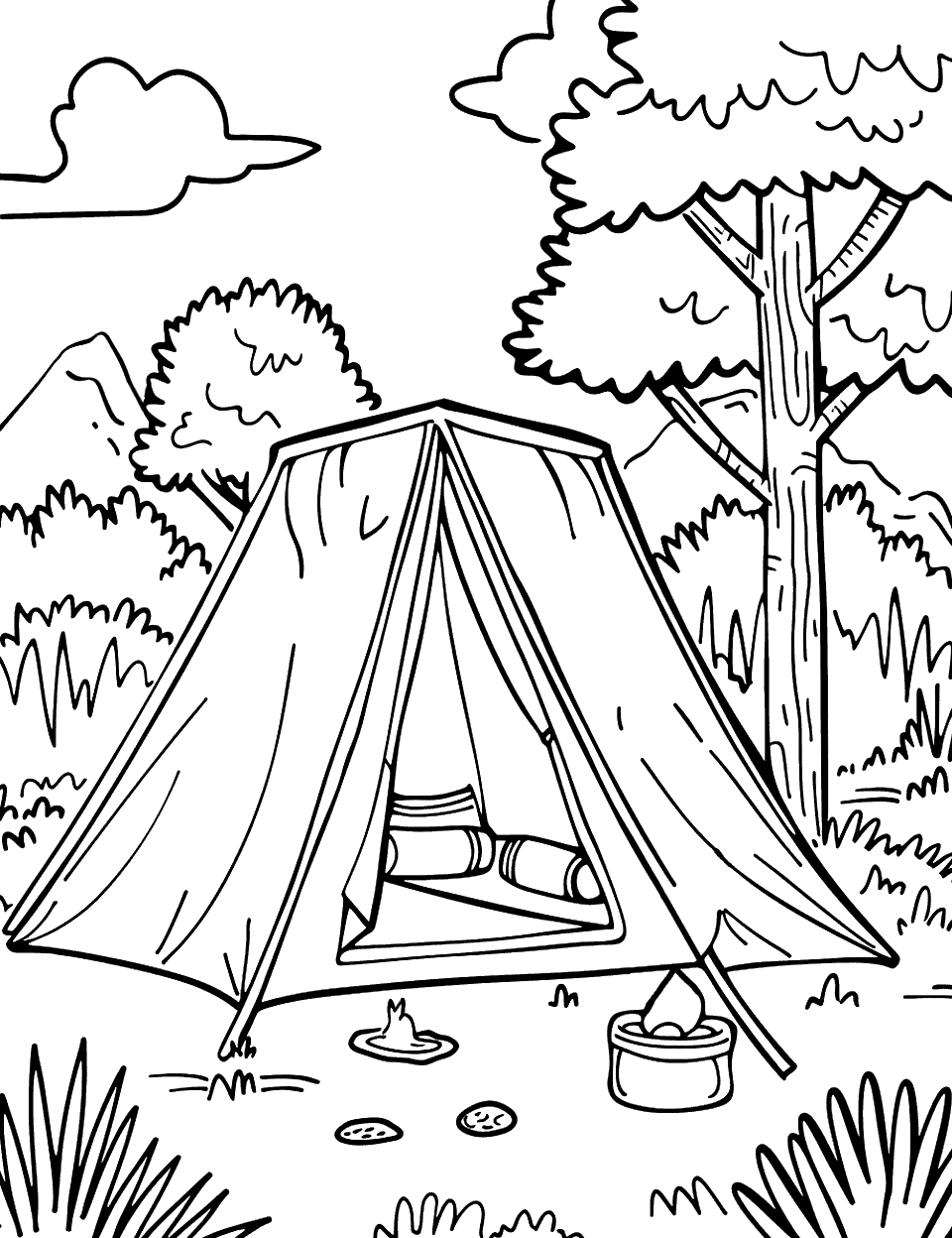 Basic Campsite Camping Coloring Page - A basic outline of a campsite scene, suitable for easy coloring.