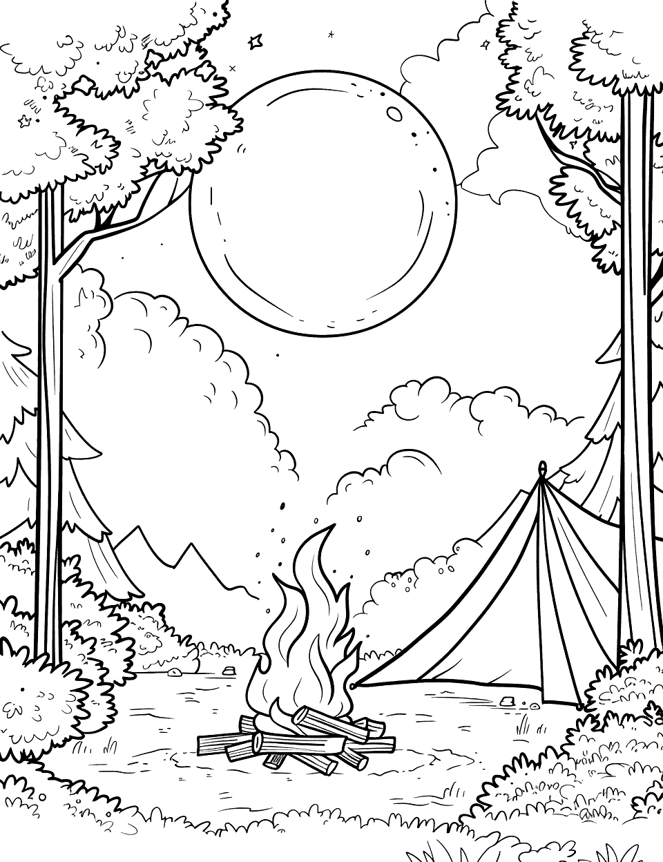 Moonlit Campfire Scene Camping Coloring Page - A campfire under a full moon, with a tent in the background.