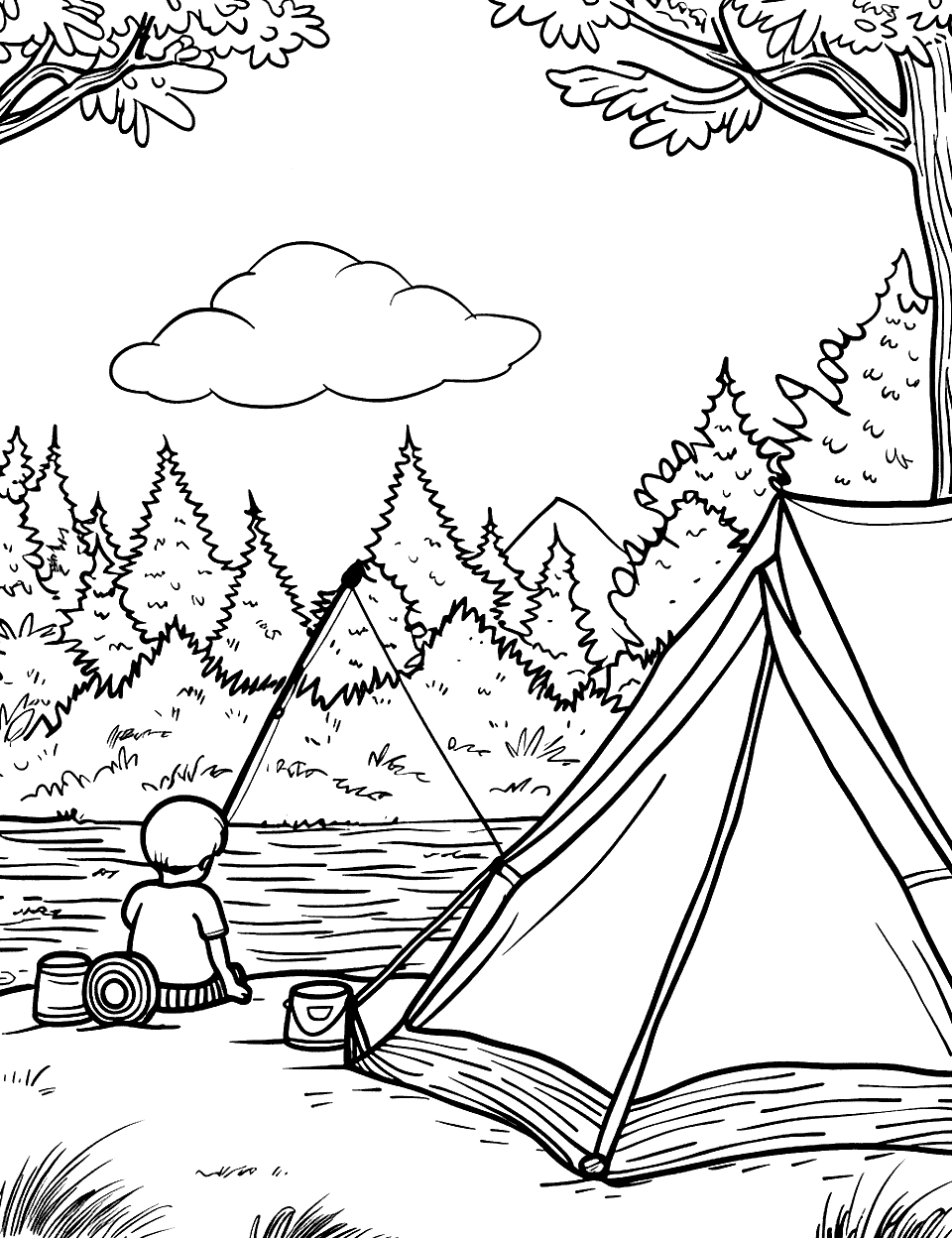 Fishing by the Campsite Camping Coloring Page - A child fishing in a river next to their campsite, with a tent in the background.