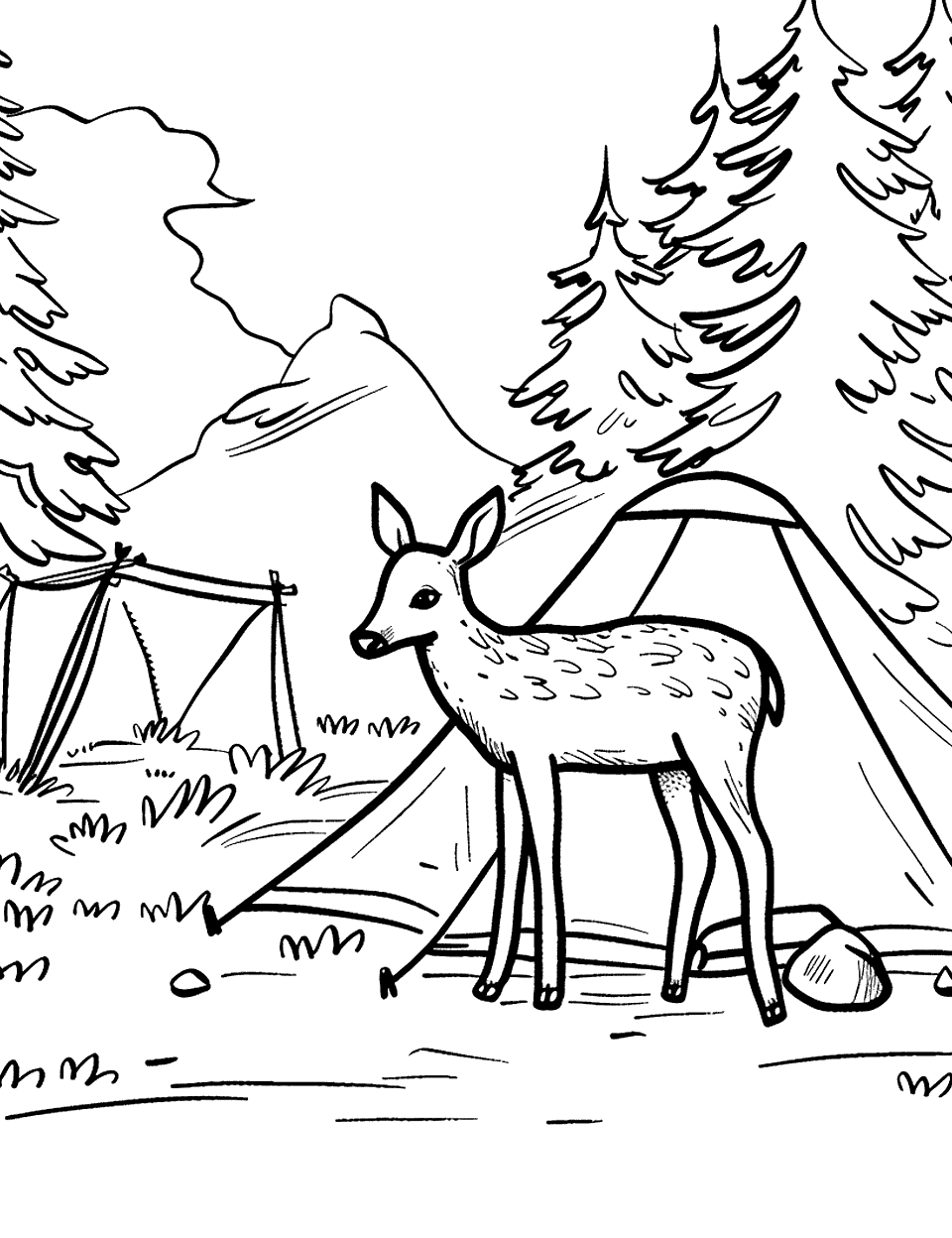 Forest Animals Watching Campers Camping Coloring Page - A deer watching a campsite out of curiosity.