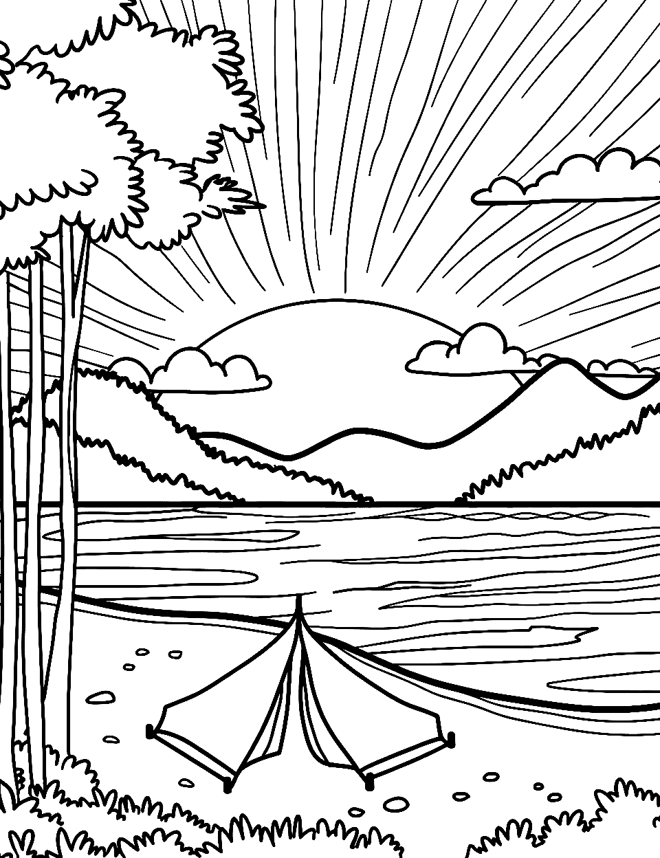 Sunset at the Campground Camping Coloring Page - A beautiful sunset over a campground.