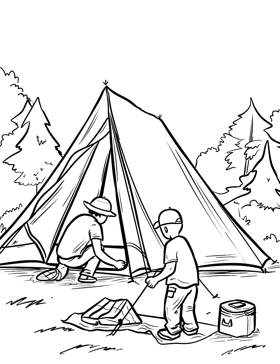 Tent Setup Lesson Camping Coloring Page - A parent showing a child how to pitch a tent.