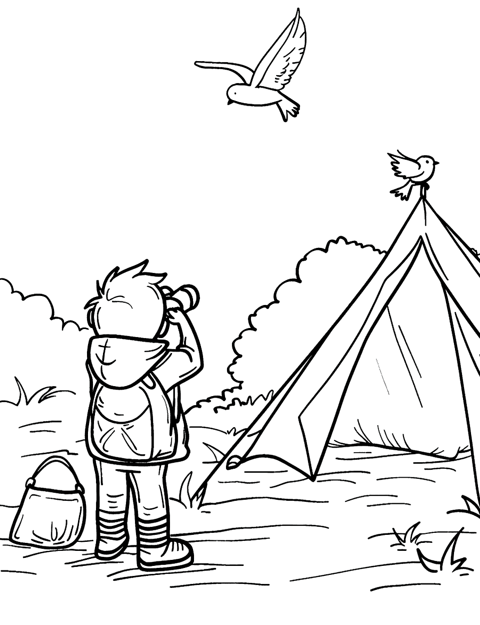 Campsite Bird Watching Camping Coloring Page - A child with binoculars, looking at birds from their campsite.