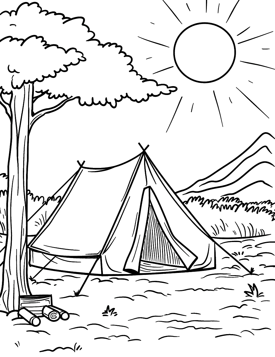 Morning in the Campsite Camping Coloring Page - A tent with a beautiful sunrise in the background.
