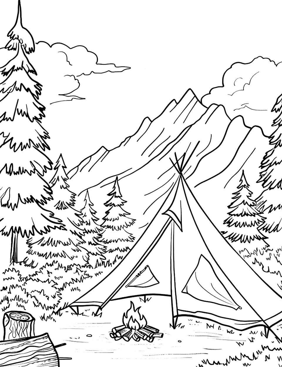 Mountain View Campsite Camping Coloring Page - A tent on mountain range, with a small campfire in front.