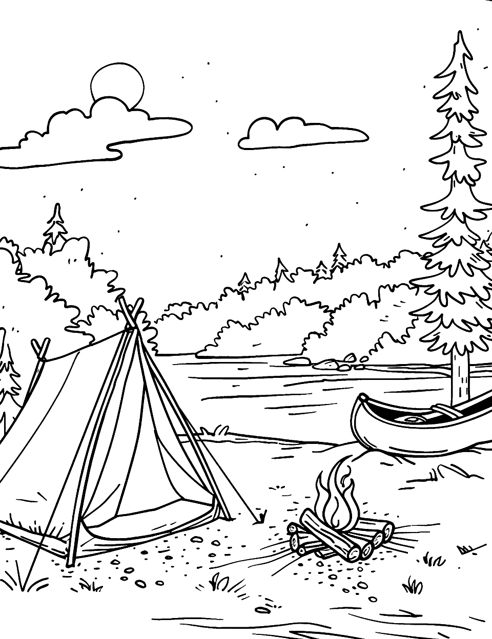 Canoe Trip Rest Stop Camping Coloring Page - A canoe next to a tent on the riverbank, with a campfire.