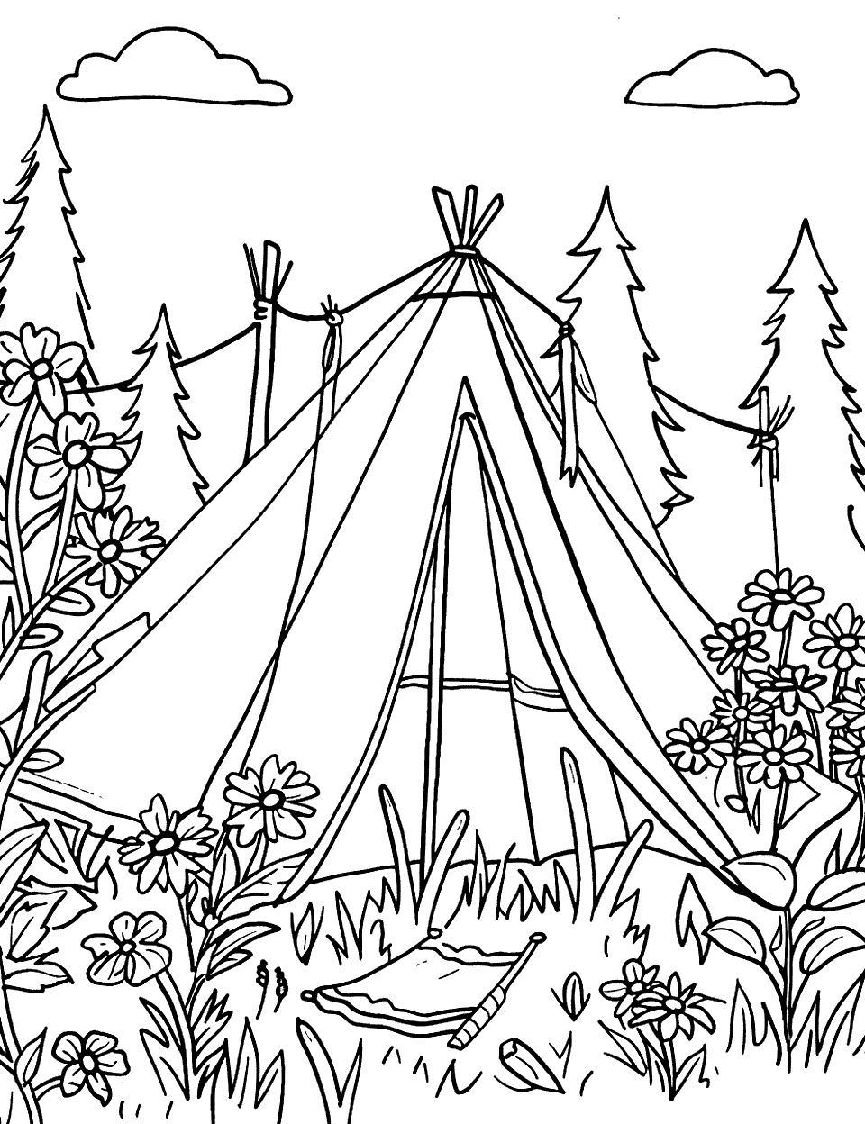 Wildflower Meadow by the Campsite Camping Coloring Page - A tent set up next to a meadow full of wildflowers.