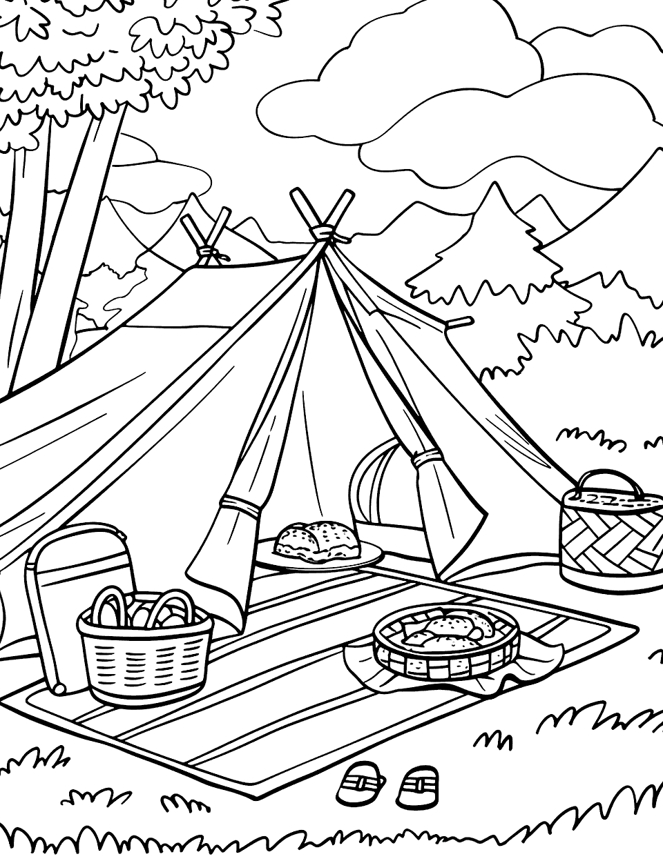 Picnic at the Campsite Camping Coloring Page - A picnic blanket outside a tent, with a basket and food.