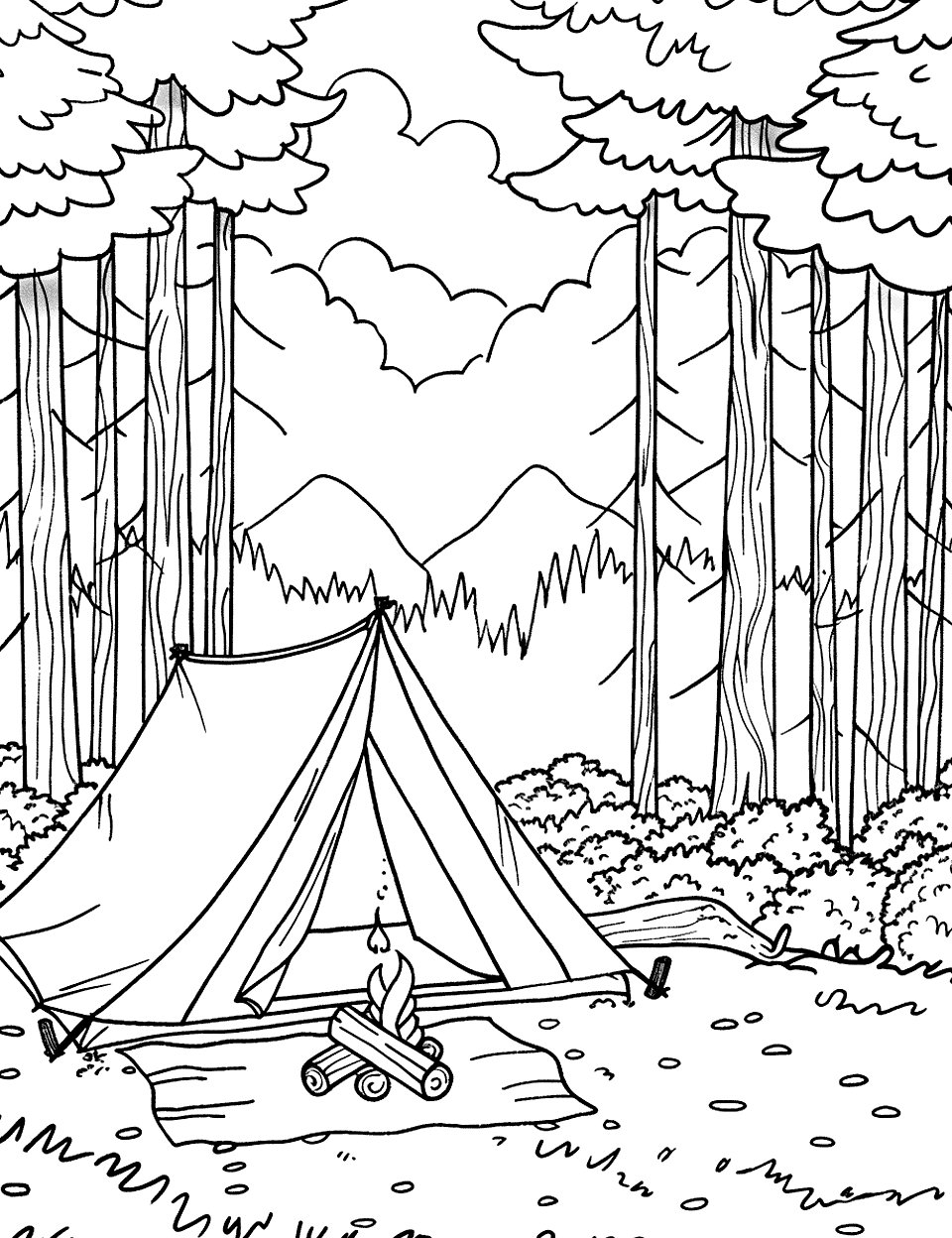 Forest Camping Scene Coloring Page - A tent set up in a clearing, surrounded by towering trees, with a small campfire.