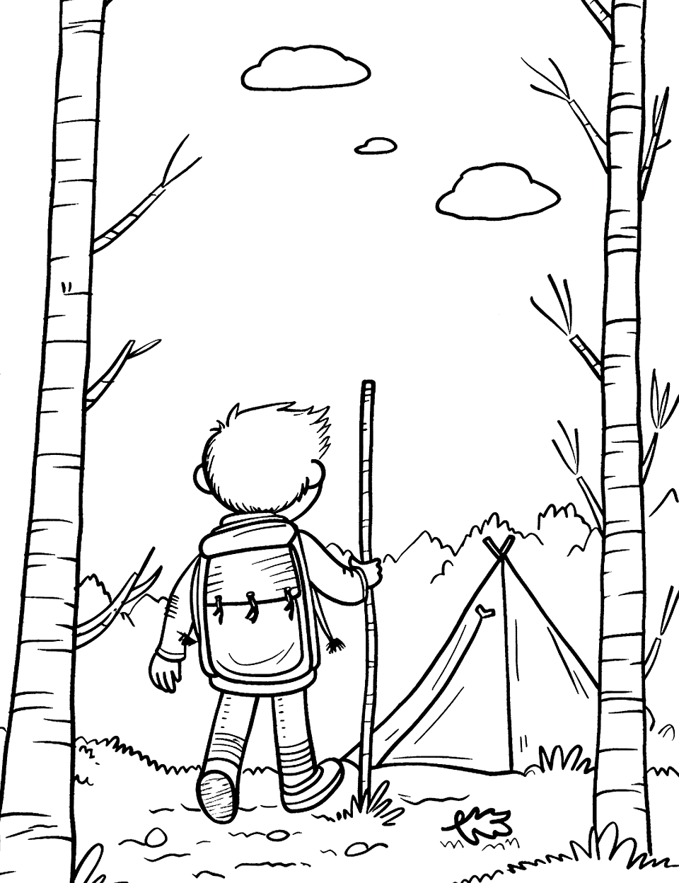 Hiking Adventure Camping Coloring Page - A child with a hiking stick in hand, walking on a trail through the woods to his tent.