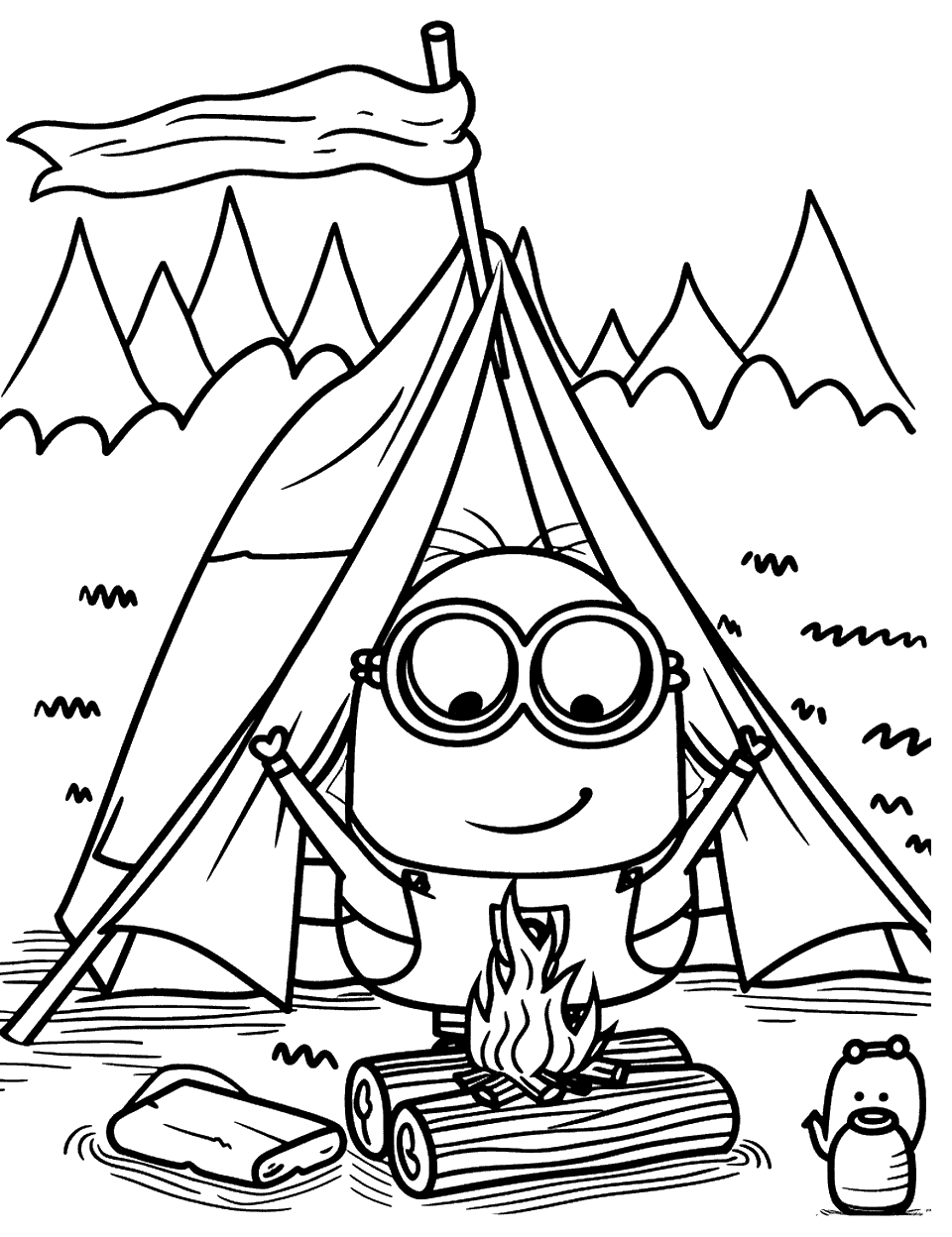 Minion's Camping Fun Coloring Page - A minion sitting outside a tent, trying to set up a campfire.