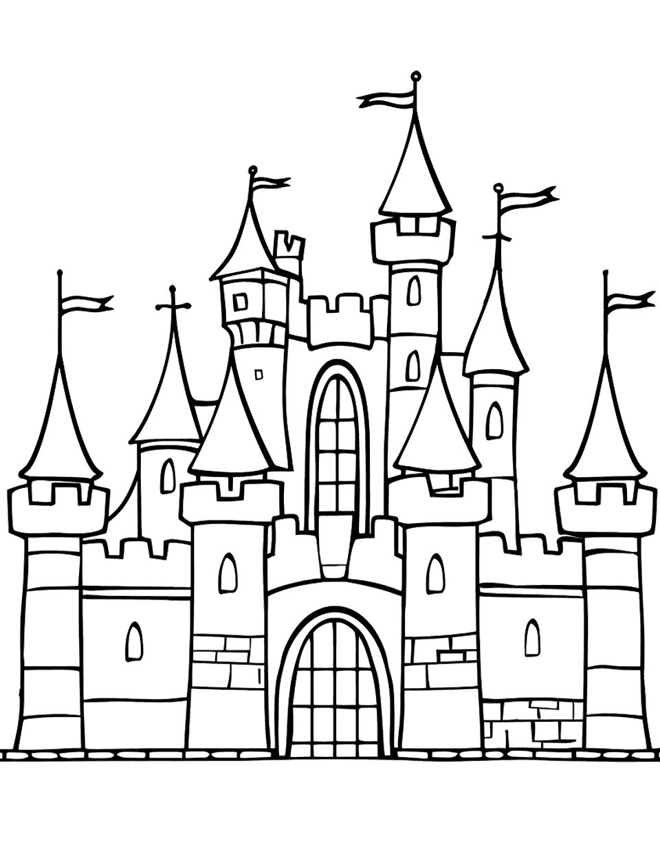 Simple Castle Outline Coloring Page - A basic outline of a castle with large, easy-to-color sections suitable for preschoolers.