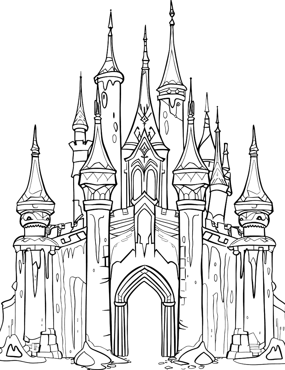Frozen Ice Palace Castle Coloring Page - An ice castle inspired by Disney’s Frozen, with intricate ice sculptures.