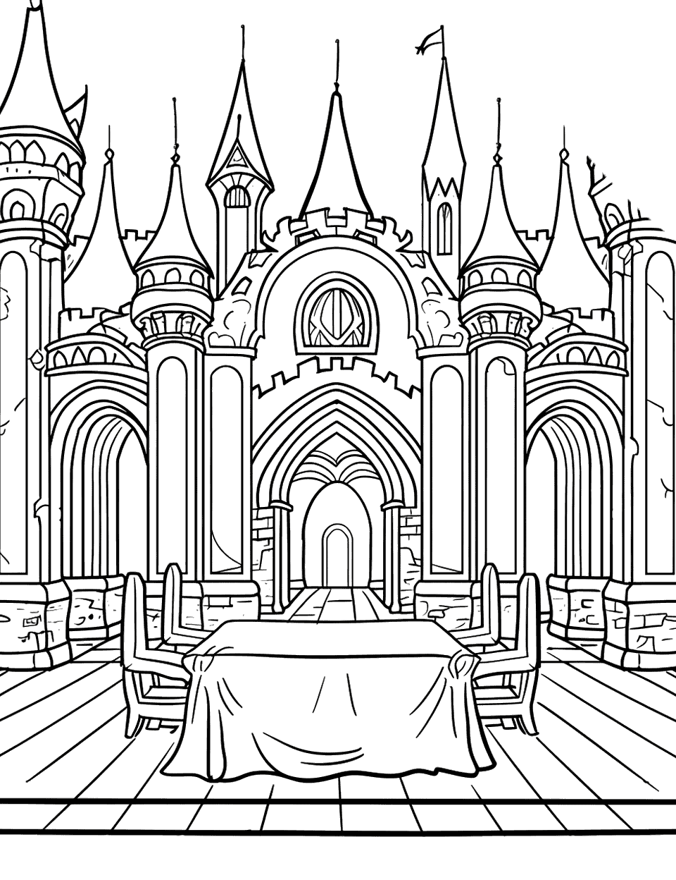 King's Banquet Hall Castle Coloring Page - Inside a grand castle hall where a feast is set up for the king and his guests.