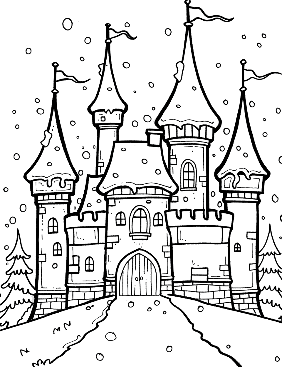 Castle in the Snow Coloring Page - A cozy castle scene with snow gently falling around it.