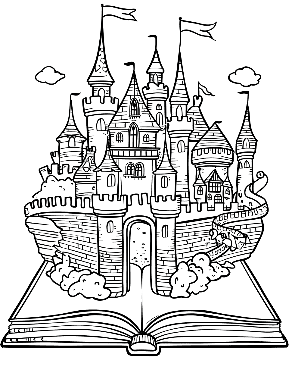 Fairy Tale Book and Castle Coloring Page - An open storybook with a fairy tale castle emerging from the pages.