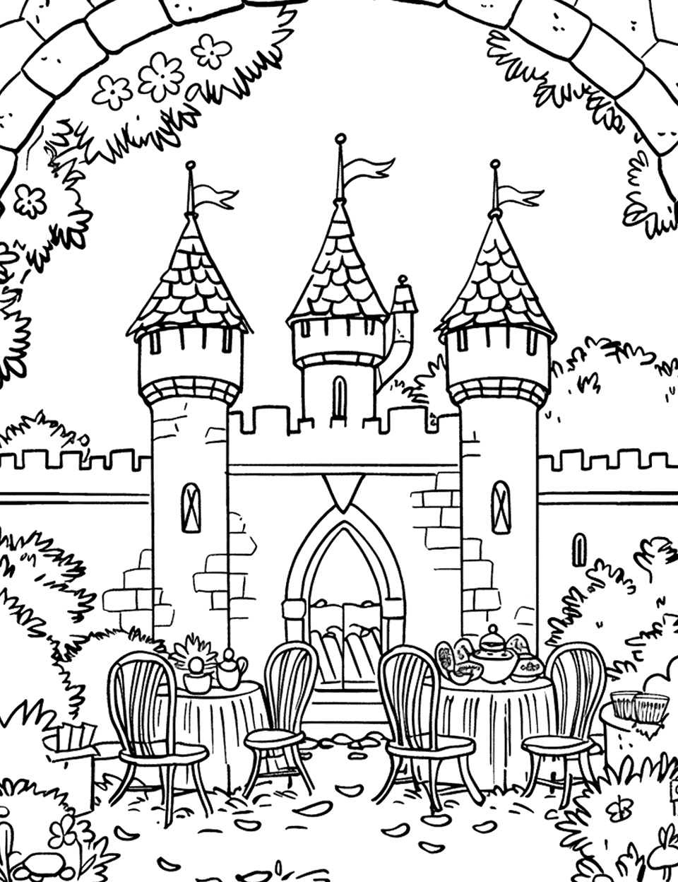 Castle Garden Tea Party Coloring Page - A cute scene of a tea party in the castle’s lush gardens.