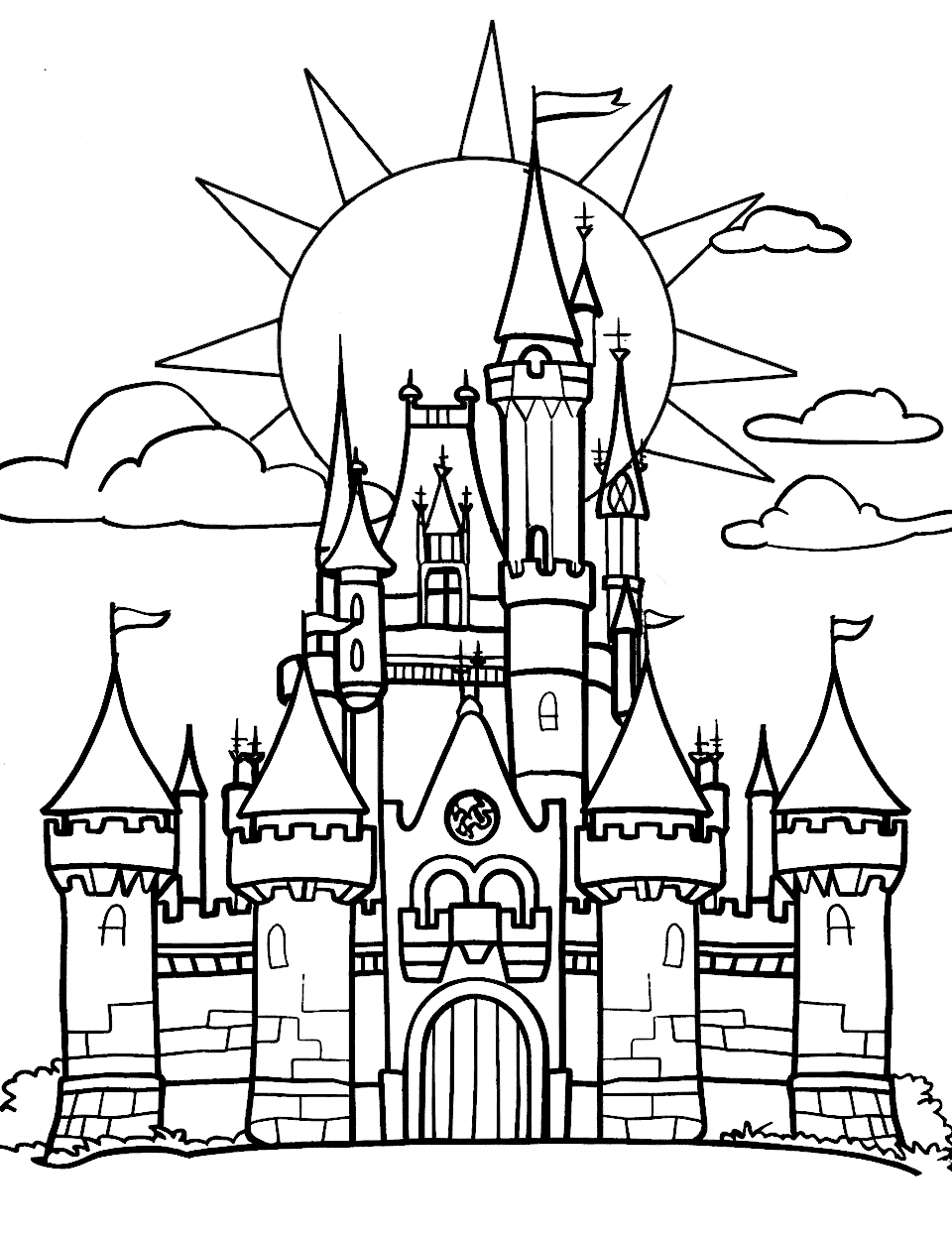 Sunset Castle Coloring Page - A simple castle scene against a sunset background.