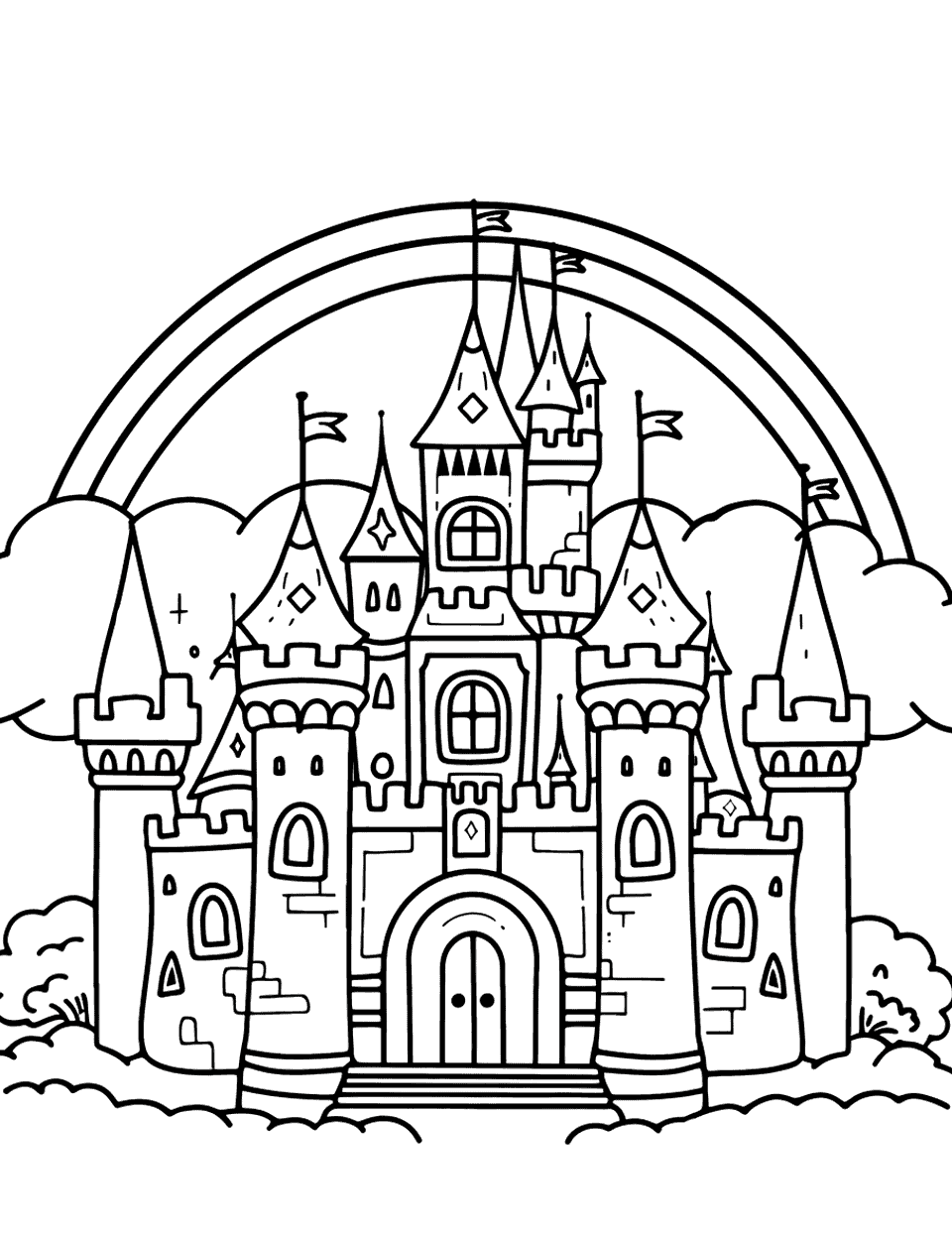 Castle and Rainbow Coloring Page - After a rain shower, a bright rainbow arcs over a cheerful castle.